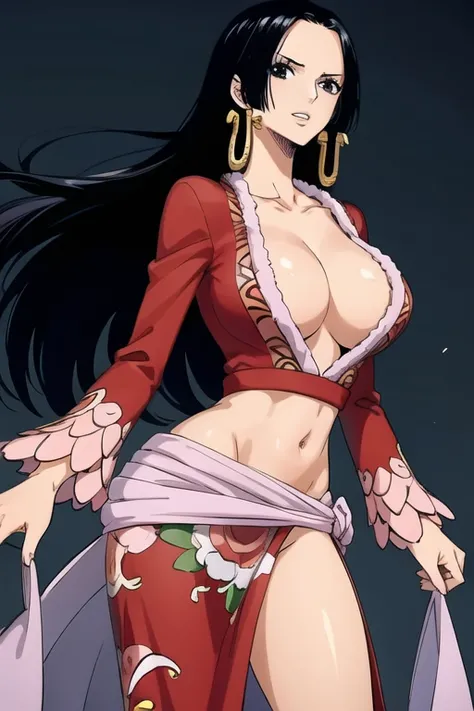 1girl, solo, masterpiece, high quality, boa hancock, jewelry, earrings, large breasts, cleavage, looking at viewer, standing