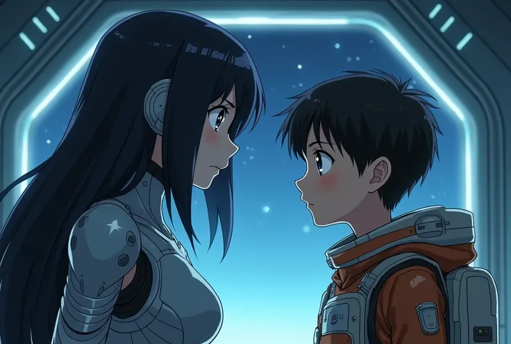 4K quality, 2020s Japanese animated movie style. A scene where a girl-type combat android, having emerged from a storage pod, faces off against a young boy on a space exploration mission. The android has a beautiful human-like face with a cold, calculating...