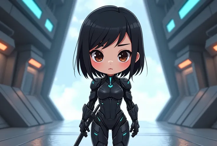  A full-body illustration in Chibi style / Cartoon of a cyborg character inspired by the appearance of Alita from the movie Alita: Battle Angel .  The character has fair skin with a light peach tone ,  black hair, smooth and short ,  that fall smoothly to ...