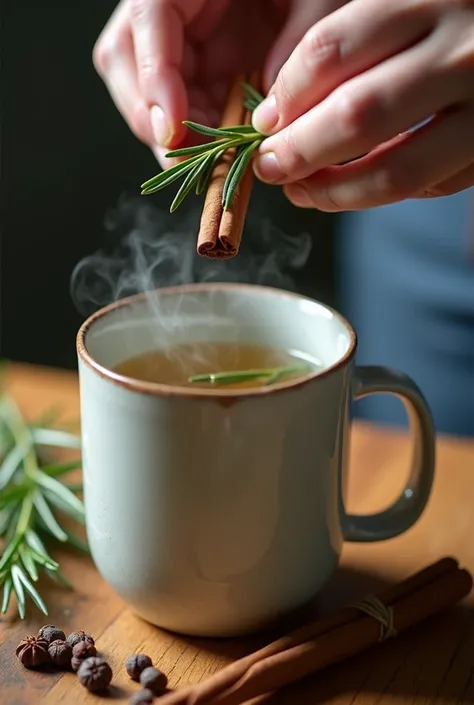 Add the rosemary to the hot water, add the cloves, the cinnamon stick to