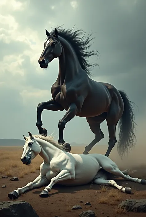 A digitally created image showing a dramatic scene where a defeated white horse lies on the ground, its elegant body motionless and its face showing visible injuries from a fierce confrontation. Standing triumphantly over the fallen white horse is a majest...