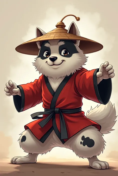 ELDERLY male dog with white fur and black spots, wearing Chinese hat ,  martial arts master shiny black eyes martial arts kimono.  anime style.