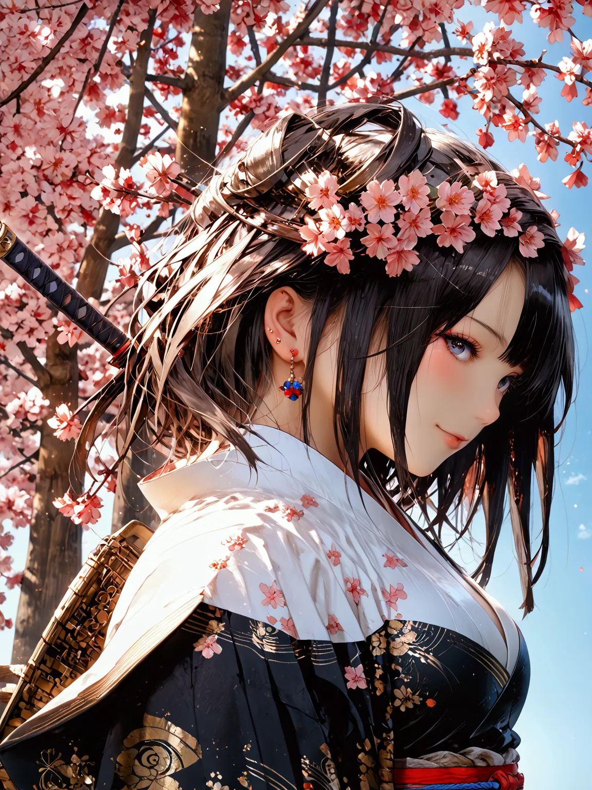 1 Japanese female,Old Japanese Female Warrior 、Female warlord、Warrior Princess、War Goddess、古い日本の鎧、(((Clothing)))、 black hair、 short hair、White headband、smile、 holding a Japanese sword、fight、(((blue sky)))、(((cherry blossoms)))、((( Japans Warring States Per...