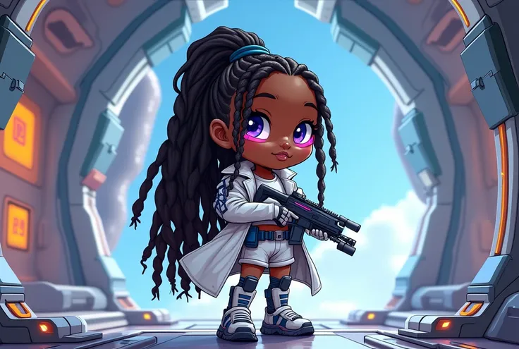 Create a full-body illustration in chibi style/cartoon of a beautiful black woman ,  with long dreadlock-style braids .  She has a cyberpunk visor ,  with neon details on her eyes ,   wearing a white t-shirt , a white overcoat and military gloves . Her leg...