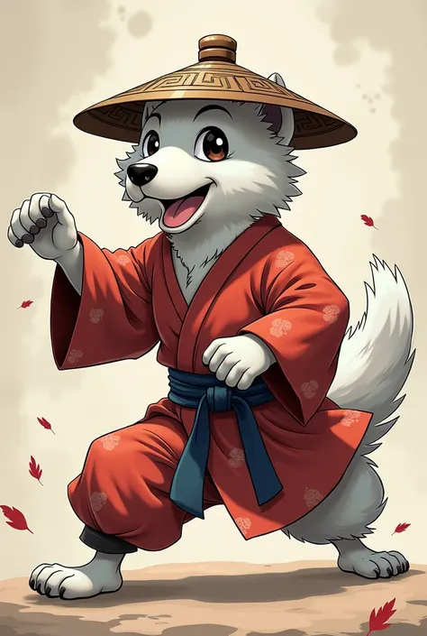 ELDERLY male dog with white fur and black spots, wearing Chinese hat ,  martial arts master shiny black eyes martial arts kimono.  anime style.