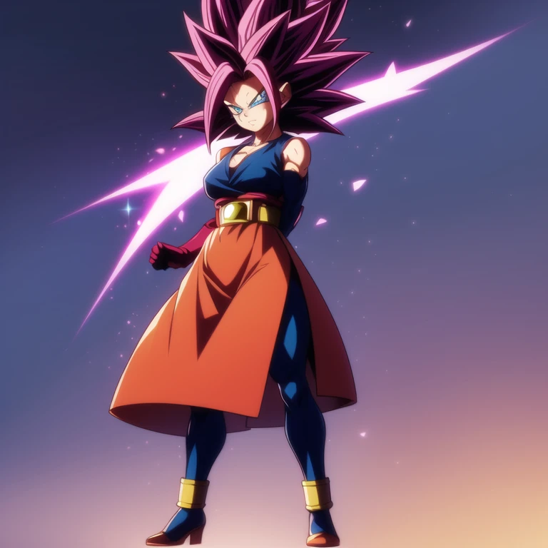 dbsuper style, 
Petite Girl, green aura, super saiyan aura, belt, purple colored hair, huge hair, bruise, bruise on face, clenched hands, frown, Mages hat, gloves, blue eyes, grey gloves, evil grin, medium breasts, petite, soft muscles, solo, spiked hair, ...