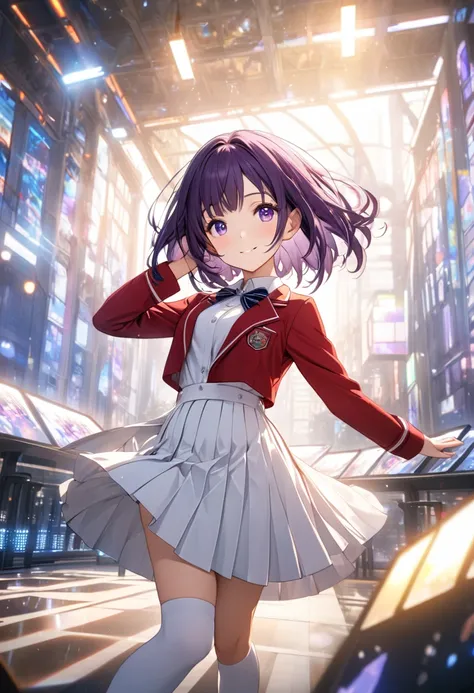 (( masterpiece,  better quality ,  High resolution, UHD, perfect pixels ,  depth of field, 4k, RTX, hdr))), 1 girl, single, alone, beautiful anime girl,  beautiful artistic style,  Anime character , (( short hair, fringe ,  dark purple hair  )), ( purple e...