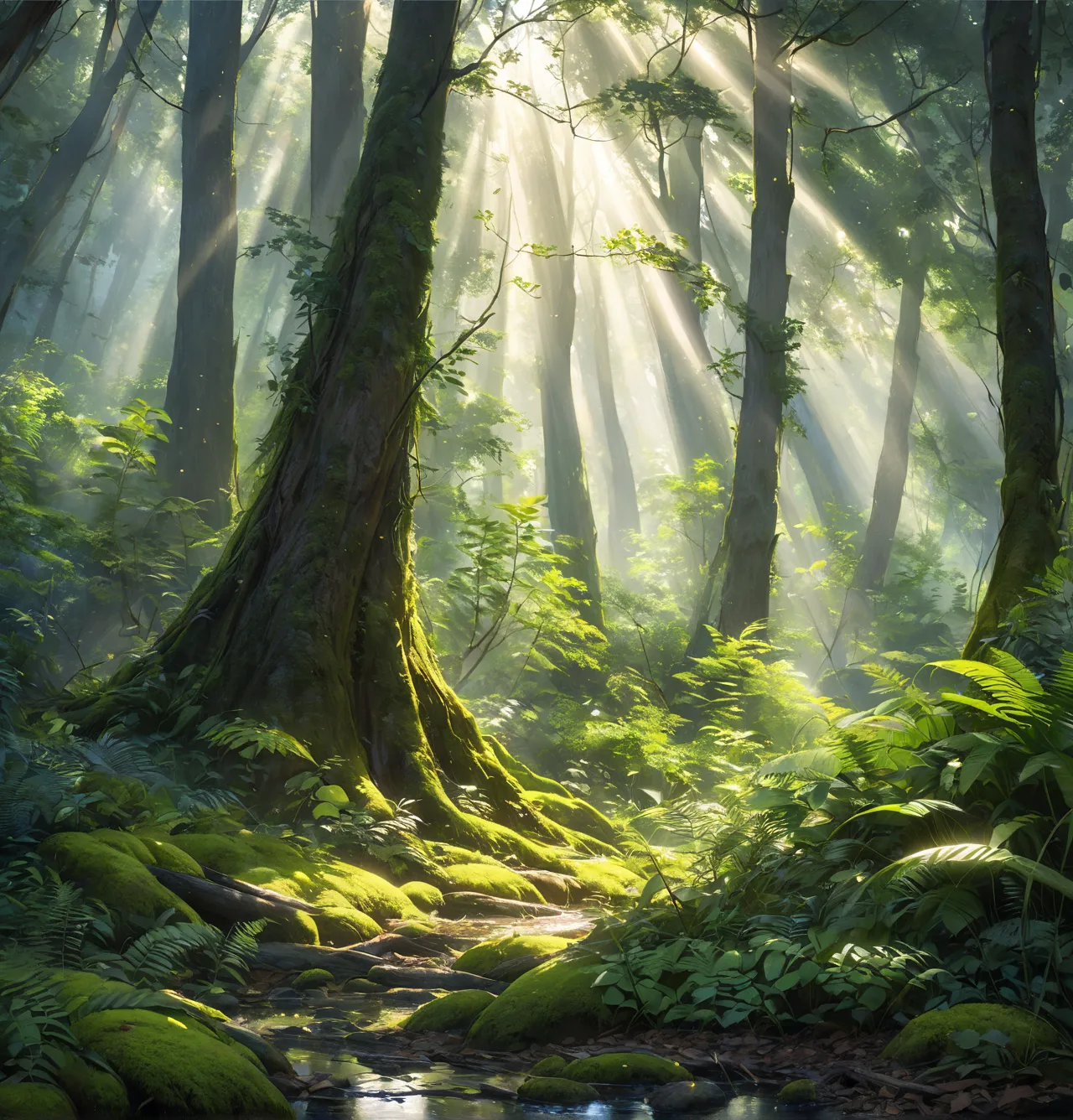 a serene, magical forest with tall, natural trees reaching toward the sky, their bark textured and detailed. sunlight streams th...