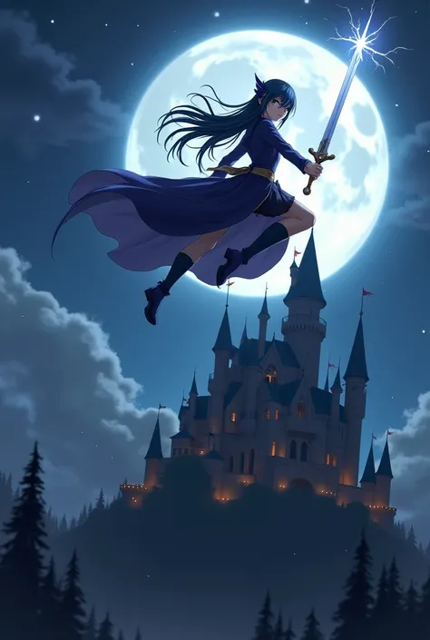 Anime girl with a sword flying over a castle at night,  concept art ：Jan J,  pixiv contest winner with a star on his head,  fantasy art,  The Witch of Castlevania , Black-haired wizard,  grim reaper in the night !!!!, anime  fantasy artwork, 2. 5 d cgi ani...