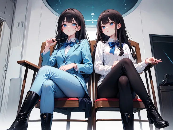  high school students  ， Has long, dark hair ， with warm blue eyes  ， Wore a fresh blue suit and black boots，  pure white collar and bright green bow 。  has long dark hair and warm blue eyes ， sitting in a chair 。