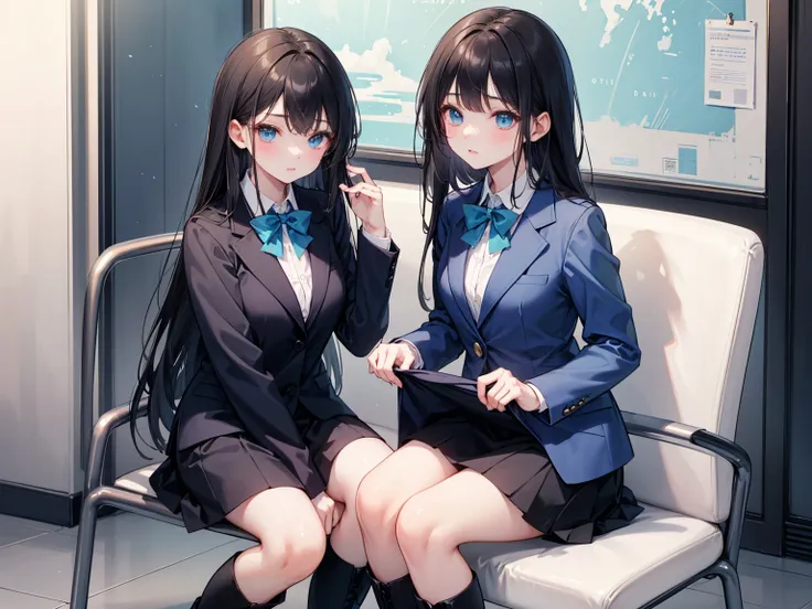  high school students  ， Has long, dark hair ， with warm blue eyes  ， Wore a fresh blue suit and black boots，  pure white collar and bright green bow 。  has long dark hair and warm blue eyes ， sitting in a chair 。