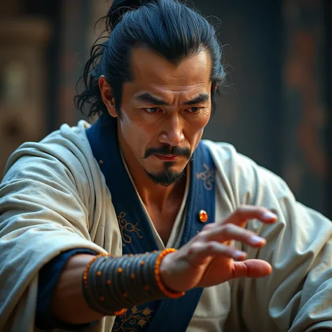 best quality,4K,8k, highres icon,masterpiece:1.2,ultra-detailed,realistic,photorealistic,photo-realistic:1.37,HDR,UHD,studio lighting,ultra-fine painting. Male Japanese warrior , old, 50 years old,  with short black hair, with bracelet with small magic ora...