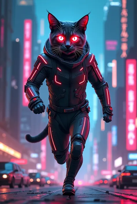 Prompt 1:
" Image of a cat with a human body ,  wearing a high-tech suit ,  with visible cybernetic implants . His eyes shine with neon lights ,  and his coat mixes with futuristic circuits .  He is in a cyberpunk city illuminated by neons ,  with skyscrap...