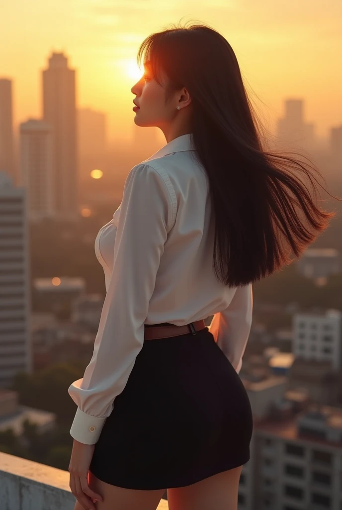 Extreme wide angle, High resolution, Hyper-realistic, Realistic details, Sharp, Korean cute girl, 20s, Fair skin, Long straight black hair, Huge breasts, Natural sagging, Big firm butt, Wearing a tight white short sleeve button-down shirt in an office unif...