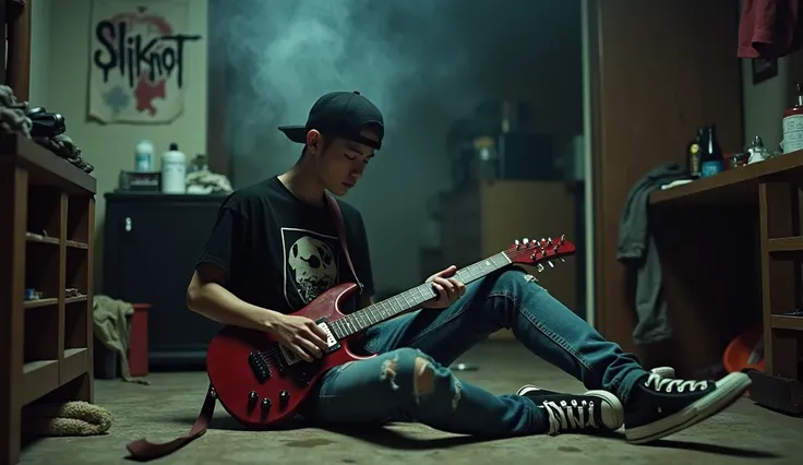 a skinny korean man, sitting on the floor, black t-shirt with a picture, ripped jeans, baseball cap back clip, converse shoes, electric guitar, in a messy room, dim lighting, cigarette smoke, cinematic, slipknot poster on the wall, night