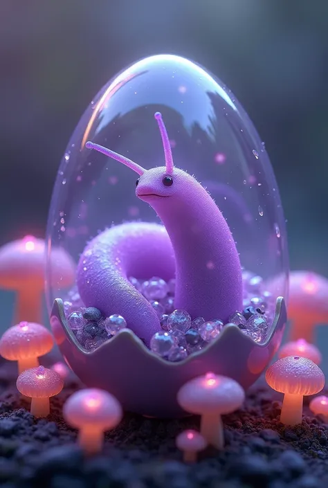 A beautiful and feminine luminescent purple realistic slug inside an egg with pebbles, diamonds, pastel pink and luminescent purple mushrooms.