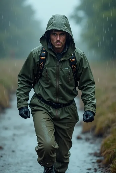  an image of an athlete wearing waterproof clothing, In the rain that looks like a photograph