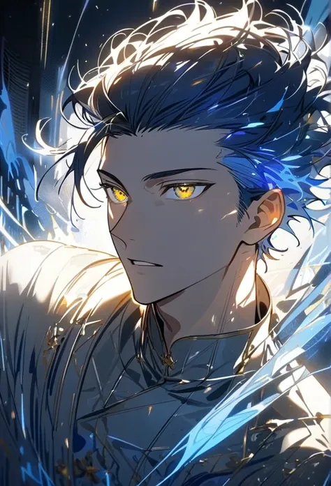 Handsome, solo, 1 man, blue hair, yellow eyes, 1 man, handsome, male, short hair, detailed, Hair Slicked Back, Messy Hair, Glowing Light, Bright PupilsVery Short Hair, Hair Pulled Back, 