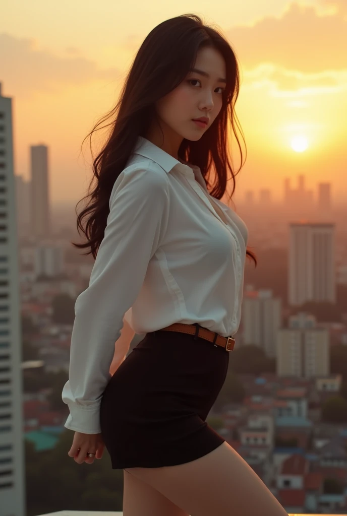 Extreme wide angle, full body, high resolution, hyper-realistic, realistic details, sharp, cute Korean girl, 20s, fair skin, long straight black hair, huge breasts, natural saggy, big firm butt, wearing a tight white short sleeve button-down office shirt, ...