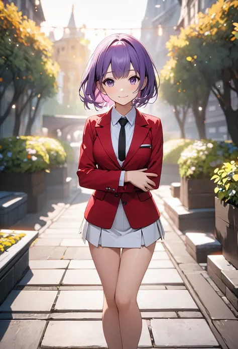 ( best quality masterpiece ,  High resolution, UHD, perfect pixels ,  depth of field, 4k, RTX, hdr))), 1 girl, single, alone, beautiful anime girl,  beautiful artistic style,  Anime character , A girl, smile, short purple hair, (small white ribbon ),  medi...