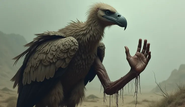 A vulture with a human arm saying goodbye.