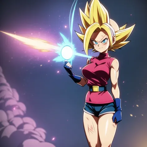 dbsuper style, 
Petite Girl, green aura, super saiyan aura, belt, ivory colored hair, huge hair, bruise, bruise on face, clenched hands, frown, Mages hat, gloves, blue eyes, grey gloves, evil grin, medium breasts, petite, soft muscles, solo, mouth opened, ...