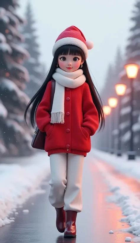 A beautiful Korean girl dressed in a red coloured sweater,white long pant, wearing boots, a white scarf around neck, taking a side bag,Long Hair, Straight Hair,black hair,Bangs, Earrings, Smile, Makeup, Red Lips, black eyes,Looking at viewer, Santa Hat, bo...