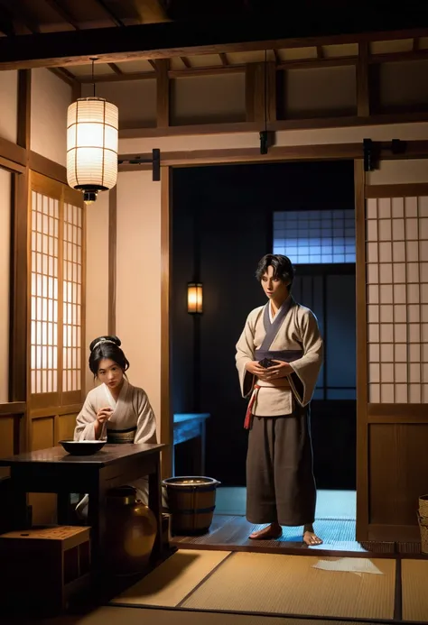 (A young couple Genius female idol Yuki & Genius male idol Ken :1.3), tense with fear, attends to a crying baby. A dimly lit room in an Edo-era tenement house at night, illuminated by the soft red glow of a charcoal brazier. The room is small but meticulou...