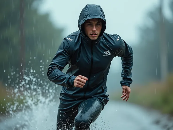 an image of an athlete exercising or playing a sport wearing waterproof clothing, in the rain 