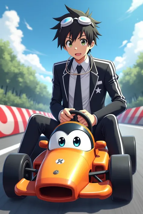 Shinichi Sakurai with a determined smile pointing forward wearing a white shirt and black jacket with two white stripes on each sleeve of the sleeves of his hands and white swimming goggles with black visors hanging around his neck and a black tie with a w...