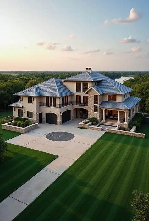 A 2 story mansion worth about $6,000,000 that is about 3,343 square foot with a basketball hoop near the garage with a lot of flat grass in the front and back yard that is made of light gray concrete with dark gray roof tiles and lives on the 
Colorado Riv...