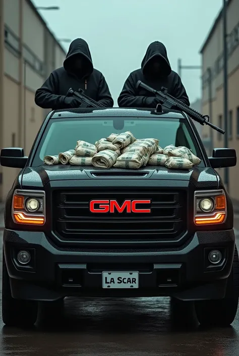 A black GMC with two armed people on board, packages of drugs, hooded faces, bags of bills and on the front it has a title called "LA SCAR" and on the license plates