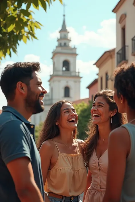 Friends walking around telling jokes and laughing  ,  having a good time in the central park of Antigua Guatemala and having the church seen in the background, Church that is white 