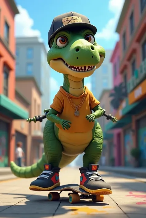 animated dinosaur, with urban clothing,  featuring a skateboarder 