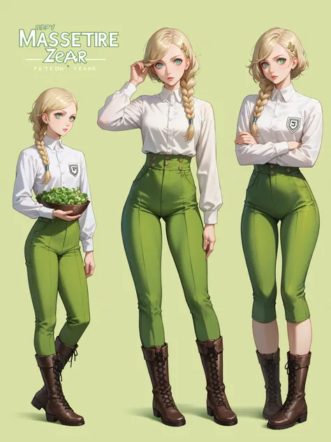 1girl, blonde braid hair, sea color eyes, masterpiece, sexy, BREAK green salad miniskirt revealing hips, white shirt, boots under knees, dark green cloack, simple background, fullbody, anime-style, 35 year old, persona 5 royal style, multiple views, best q...