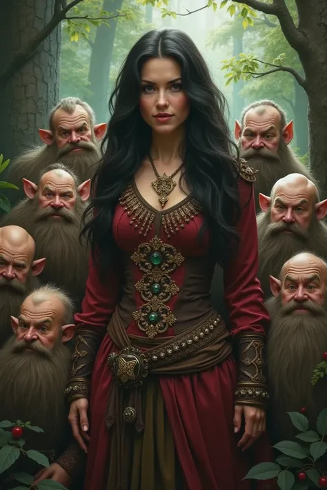 A beautiful dark-haired woman in her early thirties surrounded by seven little dwarfs 