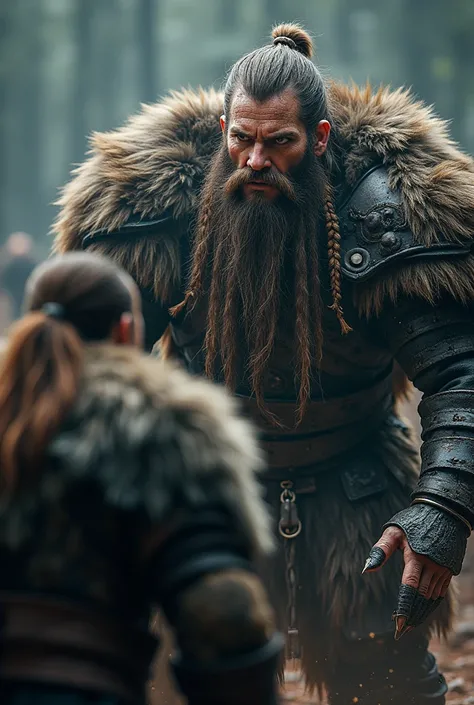 The image depicts a grotesque Viking, with striking features and a fierce expression. He has a long, shaggy beard, adorned with braids and rustic elements. Your gaze is intense, conveying a sense of bravery and determination. The Viking is dressed in heavy...