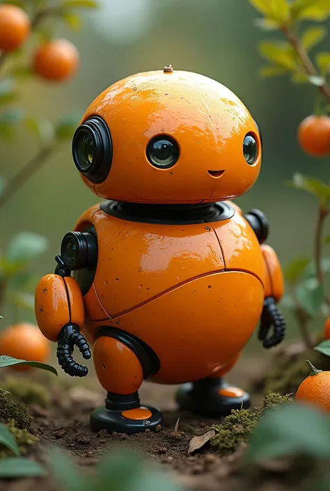 A realistic photo of a tangerine fruit robot