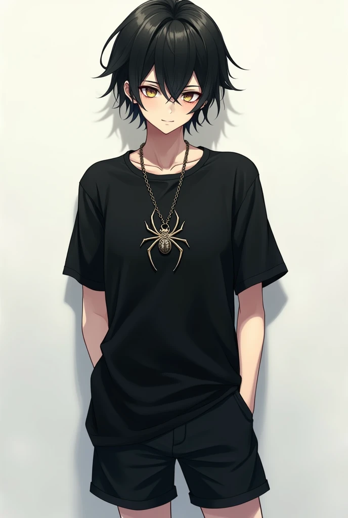 Omega male anime character with black hair, white skin, a black shirt, shorts and a spider necklace.
