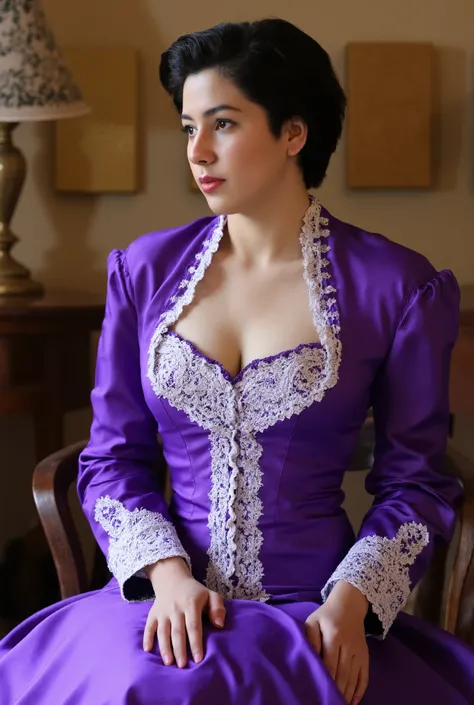 A Korean man in ladies vintage suit dress, he is crossdresser, breasts like a woman, slender female body, His hairstyle is short and manly, purple and white, long sleeves, Rich lace and frills, mermaid skirt, silk, sit quietly