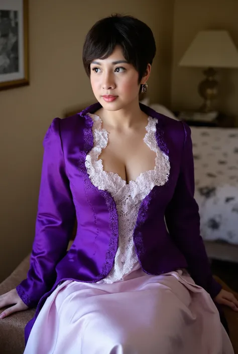 A Korean man in ladies vintage suit dress, he is crossdresser, breasts like a woman, slender female body, His hairstyle is short and manly, purple and white, long sleeves, Rich lace and frills, mermaid skirt, silk, sit quietly