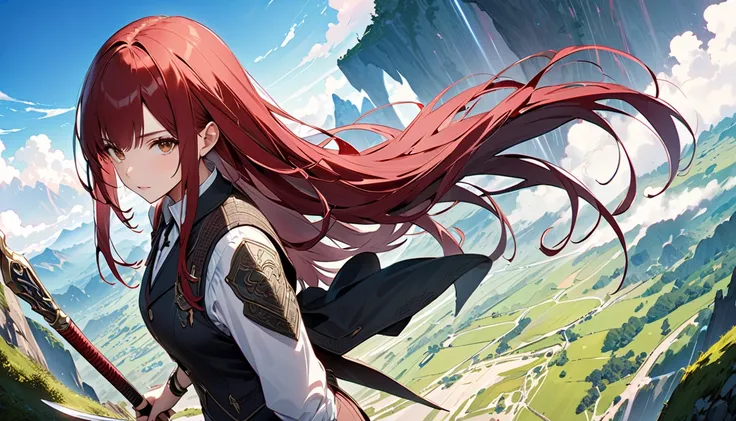 (((masterpiece,  best quality ,  super detailed,  vest shadow :1.5))), (Detailed and fantastical background,Dark fantasy), (A very beautiful and detailed face), ((( 1 woman, Alone,dark red hair 、 straight long hair, Sharp Face, Brown Eyes ,  How to do it, ...