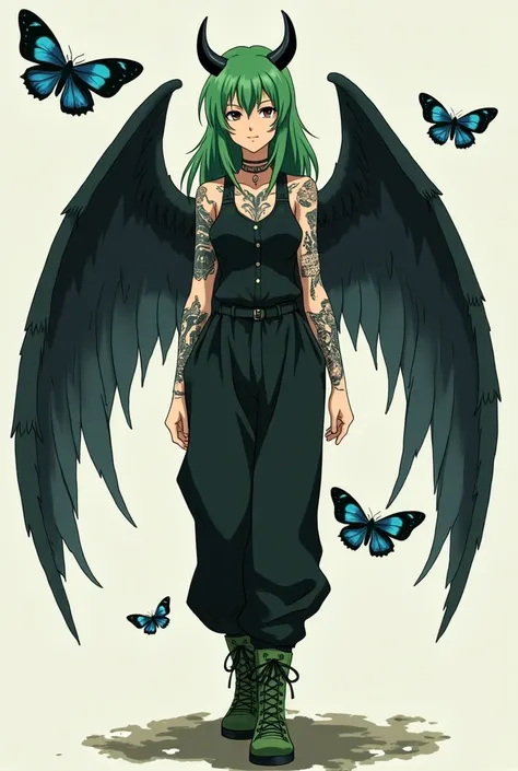 Studio ghibli anime. A beautiful woman. She is wearing baggy black clothes and green combat boots. She has green hair. She has black wings. She has black horns. She has black and white animal tattoos all over. There are blue moths flying around. 