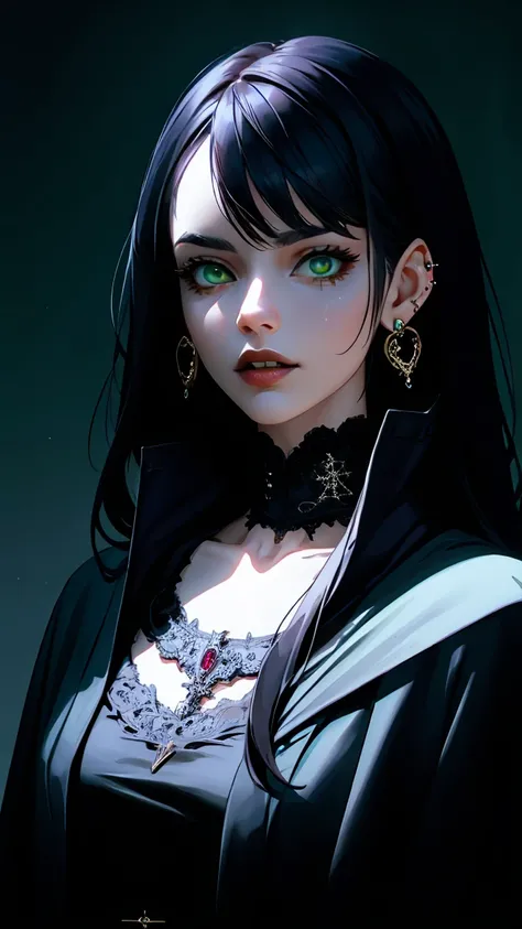 a beautiful woman with long flowing black hair, piercing green eyes, elegant facial features, pale skin, wearing a black cloak with a high collar, detailed ornate gothic jewelry, detailed intricate lace embroidery, dark fantasy aesthetic, cinematic lightin...