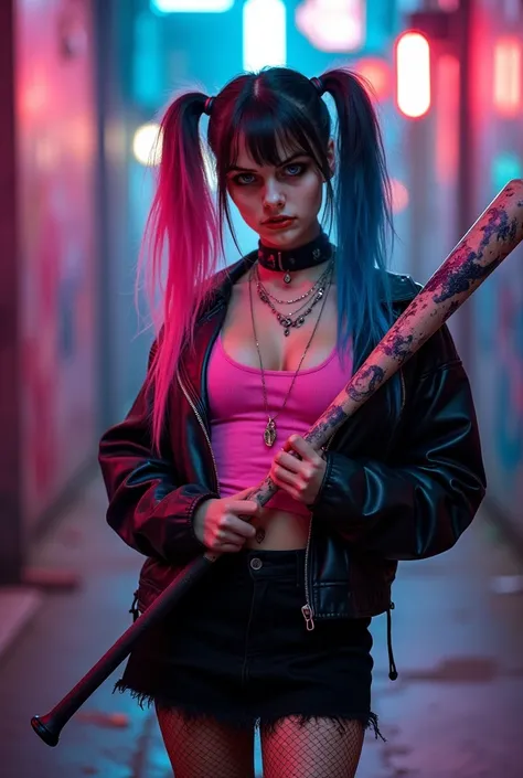 Beautiful young woman, posing, long half mostly pink hair and some black streaks dual pony tail, long bangs over eyes, vivid blue eyes, short black skirt, pink tank top, black leather jacket, (cyberpunk dark fantasy atmosphere), soft natural light, cute an...