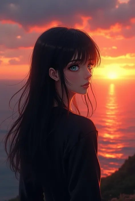 Character ai mahwa ,  black-haired woman long , blue-green eyes,  dressed in a black shirt watching the sunset 