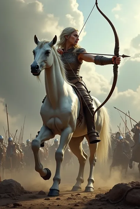  Character from Greek mythology, medieval centaur ,  with bow and arrow in his hand , in a battlefield,  long, smooth calluses , White, 