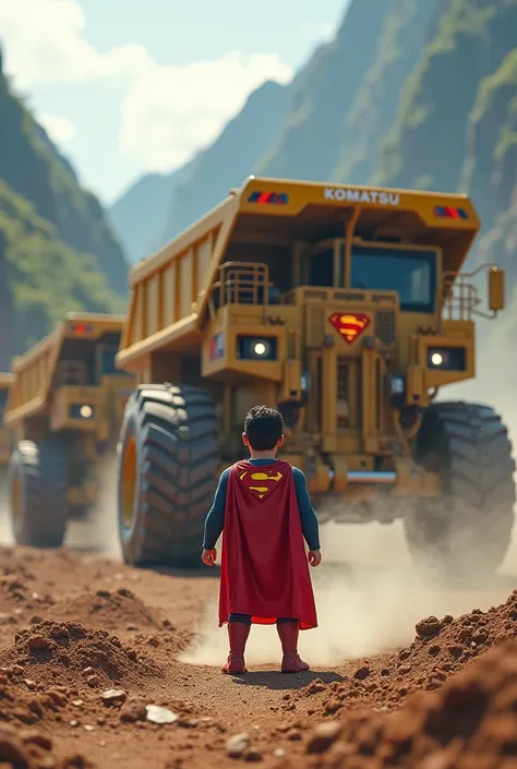 Superman with small size stops komatsu heavy equipment against Wonogiri karst valley background