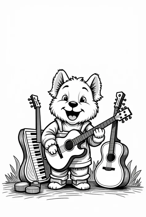 a dog playing instruments musical, coloring book, black ads white, black lines, white background.