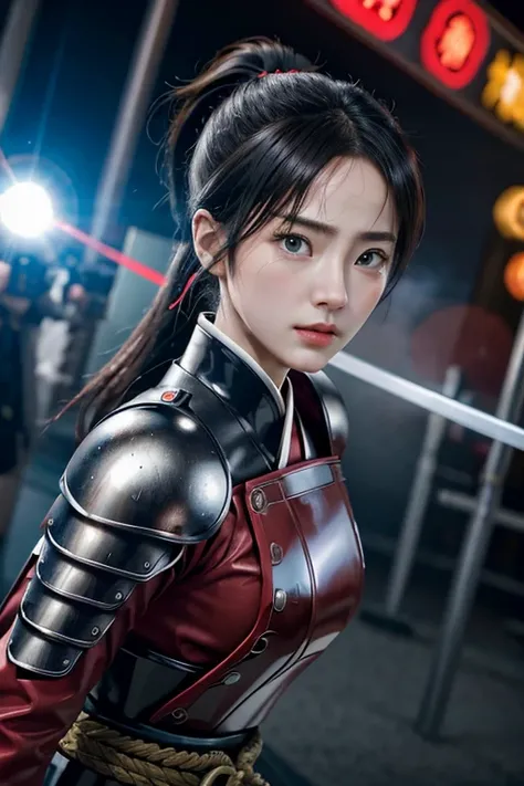 best quality,  highres icon, 8k, masterpiece, ((real photography: 1.5)), RAW, whole body,  Girl in black Japanese-style armor,  beautiful face,  well-balanced face ,  black hair ponytail , black eye on one eye 、 belt Japanese sword on back、Japanese pattern...